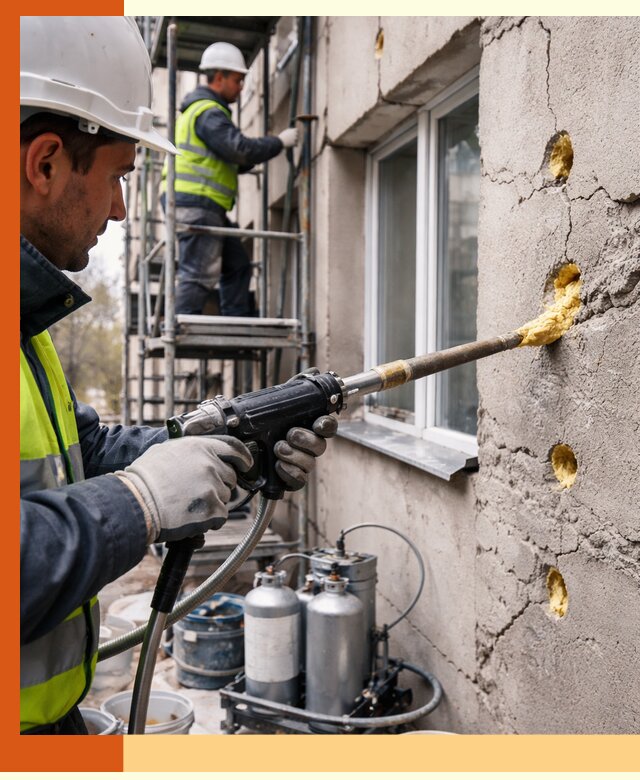 Заполнение пустот в фасаде и утепление стен в Борисоглебске